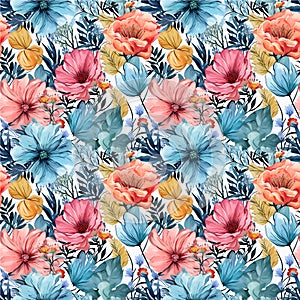Seamless summer floral pattern background looking like unfinished watercolors, grunge abstract art background, fashionable print