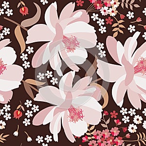 Seamless summer floral pattern in vector. Light pink cosmos flowers and little tulips on dark brown background. Print for fabric