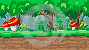 Seamless summer forest landscape with red mushrooms and firs for game design