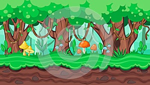 Seamless summer forest landscape with thick trees and lianas for game design