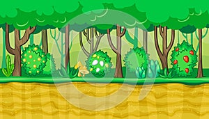 Seamless summer forest landscape with yellow mushrooms and berries for game design