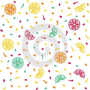 Seamless summer pattern. Bright colorful citrus fruits, lemons, oranges and flowers. Yellow, red, orange, blue colors. Simple