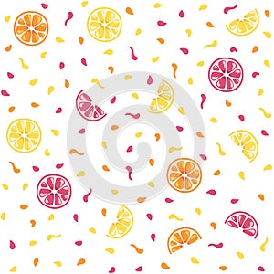 Seamless summer pattern. Bright colorful citrus fruits, lemons, oranges and flowers. Yellow, red, orange, blue colors. Simple