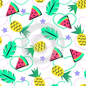 Seamless summer pattern with bright orange pineapple and watermelon and tropical element on brith background For teenagers