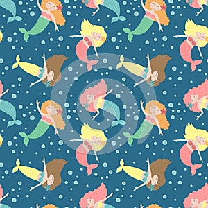 Seamless summer pattern with cute mermaids and bubbles. Vector sea illustration for child, holiday, background, print, clothes,