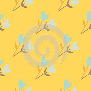 Seamless summer pattern with floristic heart twigs shapes. Yellow bright background. Naive stylized design