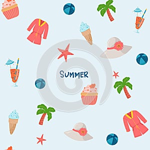 Seamless summer pattern with palm, ice cream, ball, hat, star, cocktail. Vector illustration hand drawing