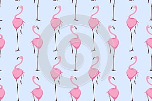 Seamless summer pattern with pink flamingo on blue background. Elegant kids decoration. Childish cute design with tropical bird