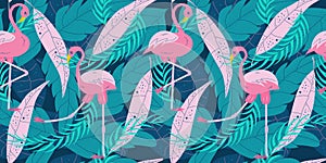 Seamless summer pattern with pink flamingo and tropical leaves. Blue and pink leaves and flamingo on a dark background