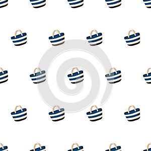 Seamless summer pattern with striped straw beach bag on white background. Cartoon vector background photo