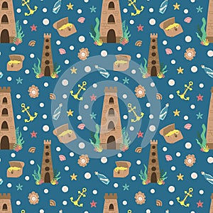 Seamless summer pattern of underwater sea kingdom with castle, treasure, bottle, anchor, pearl. Vector hand-drawn marine