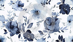 Seamless summer pattern with watercolor flowers handmade in indigo