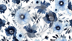Seamless summer pattern with watercolor flowers handmade in indigo
