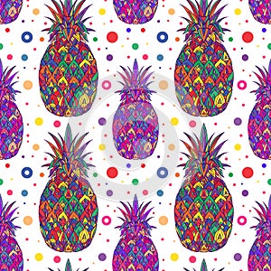 Seamless summer pop art pattern with multicolored pineapples with tribal pattern and dots on a white background. Juicy fruit