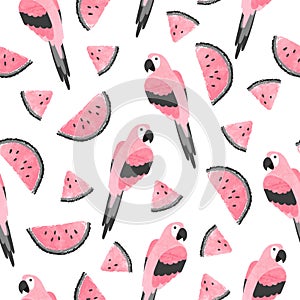 Seamless summer tropical trendy pattern with watercolor parrots and watermelon