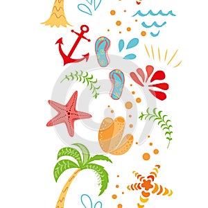 Seamless summer vacation border with hand drawn palm tree seastar anchor summer colors on white background