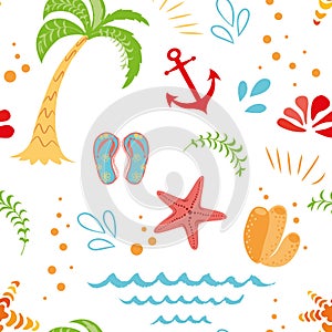 Seamless summer vacation pattern with hand drawn palm tree seastar anchor summer colors on white background