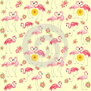 Seamless summery wallpaper with pink flamingo birds, sun and Frangipani flowers for fashion print, wrapping paper