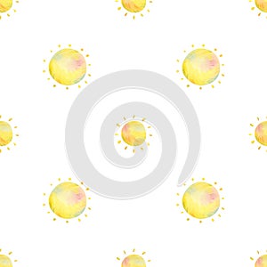 Seamless sun pattern. Watercolor background with cartoon illustration of cute sun for kids textile, wallpaper, fabric texture,