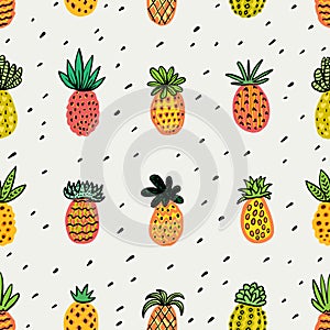 Seamless sunny pineapple pattern. Decorative Pinapple with different textures in warm colors. Exotic fruits background