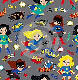 Seamless superhero girls background pattern in vector.