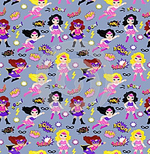 Seamless superhero girls background pattern in vector.