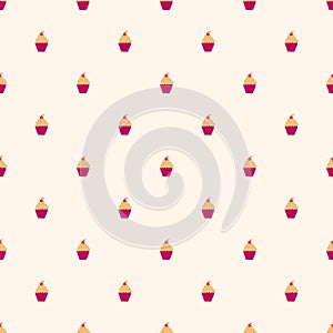 Seamless sweet cupcake party background pattern in vector. Cartoon doodle hand-drawn style. Retro Fabric Illustration