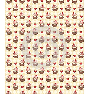 Seamless sweet pattern with cupcake and hearts on yellow