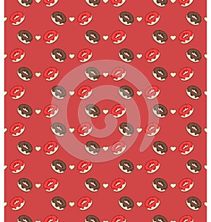 Seamless sweet pattern with donuts and hearts on red