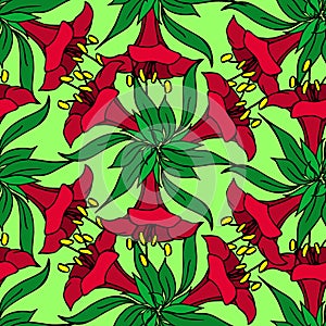 seamless symmetrical graphic pattern of red flowers on a green background, texter