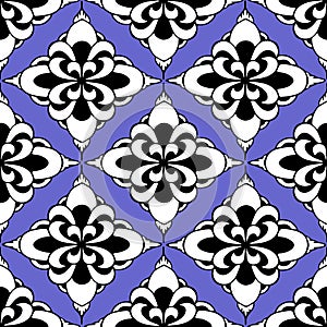 seamless symmetrical pattern of abstract black and white geometric shapes on a blue background