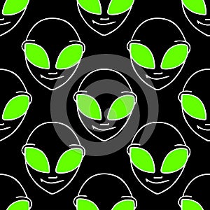 seamless symmetrical white-green pattern with a close-up humanoid face on a black background