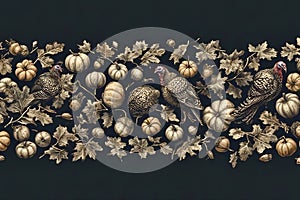 Seamless Thanksgiving Autumnal Background with Oak Leaves, Acorns, Pine Cones,Autumn Leaves, Turkeys, Pumpkins, Gourds,