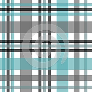 Seamless tartan plaid pattern. Checkered fabric texture print in stripes of bright blue, teal black, teal blue and white.