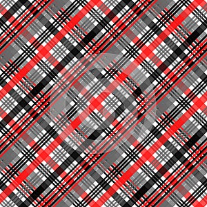 Seamless tartan plaid pattern in stripes of red, black and white. Checkered twill fabric texture. Vector swatch for digital textil