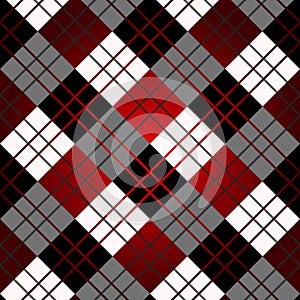 Seamless tartan plaid pattern in stripes of red, black and white. Checkered twill fabric texture. Vector swatch for