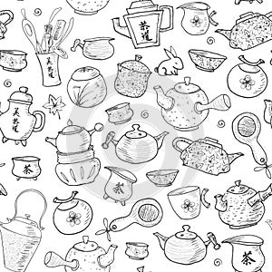 Seamless tea pattern with eastern teapots and cups