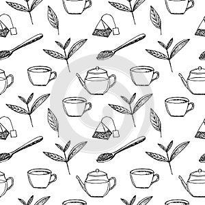 Seamless tea pattern vector illustration, hand drawing