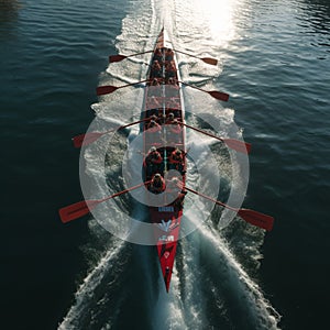 Seamless teamwork in an aerial view of synchronized rowing team