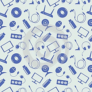 Seamless technology vector pattern, chaotic background with blue icons