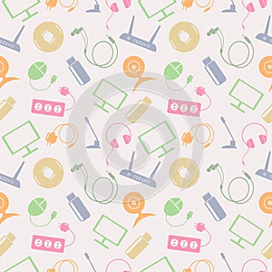 Seamless technology vector pattern, chaotic background with colorful icons of PC, monitor, headphones, disc, router, socket, batte