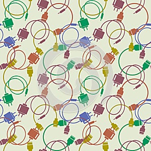 Seamless technology vector pattern, chaotic background with colorful icons of usb cables and batteries, over light backdrop