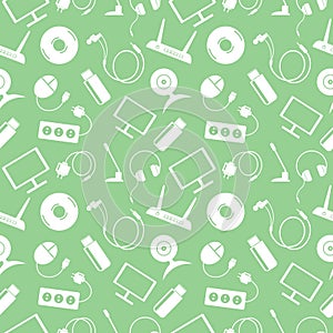 Seamless technology vector pattern, chaotic background with white icons of PC, monitor, headphones, disc, router, socket, battery