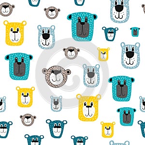 Seamless teddy bear pattern vector hand drawn illustration cartoon style.bear faces on white background.suitable for
