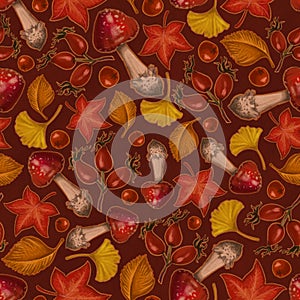 Seamless texture on autumn theme, elements of amanita mushrooms, foliage, rowan, rosehip berry, leaves. Autumn wallpaper