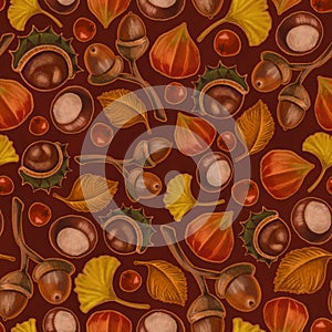 Seamless texture on autumn theme, elements of amanita mushrooms, foliage, rowan, rosehip berry, leaves. Autumn wallpaper