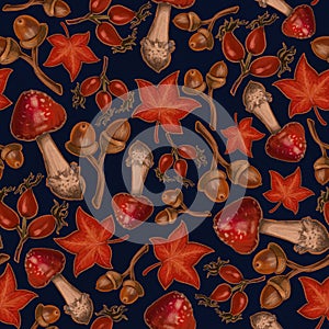 Seamless texture on autumn theme, elements of amanita mushrooms, rowan, rosehip berry, leaves. Autumn wallpaper illustration