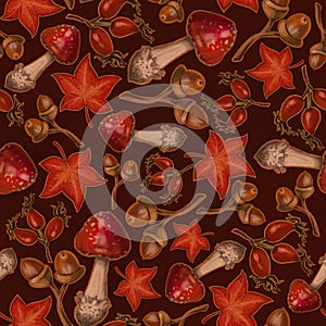 Seamless texture on autumn theme, elements of amanita mushrooms, rowan, rosehip berry, leaves. Autumn wallpaper illustration