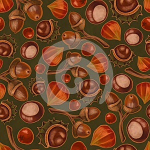 Seamless texture on autumn theme, elements of chestnut, rowan, physalis, acorn. Autumn wallpaper illustration