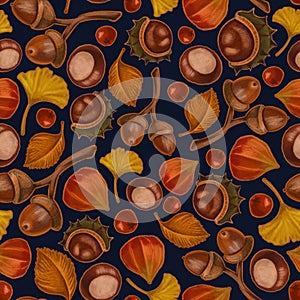 Seamless texture on autumn theme, elements of chestnut, rowan, physalis, acorn. Autumn wallpaper illustration